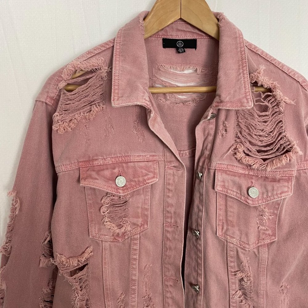 Missguided Mauve Pink Ripped Distressed Boyfriend Jean Jacket, sz 4, EUC - Picture 4 of 8